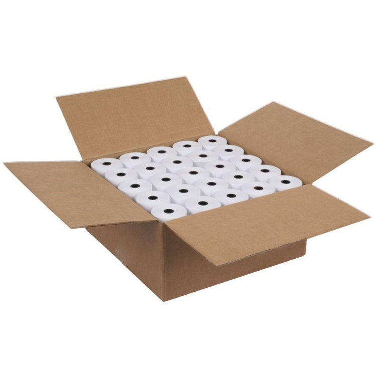 Boxed set of white thermal paper rolls with a black-core center