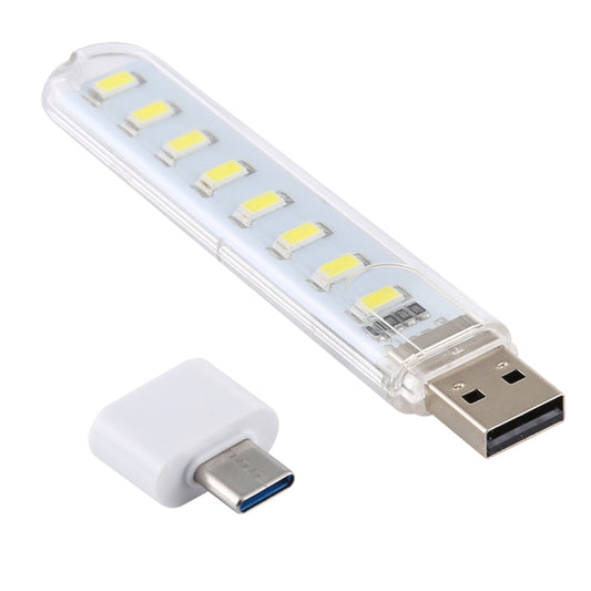 Portable USB LED book light with Type-C adapter, transparent body, USB plug shown
