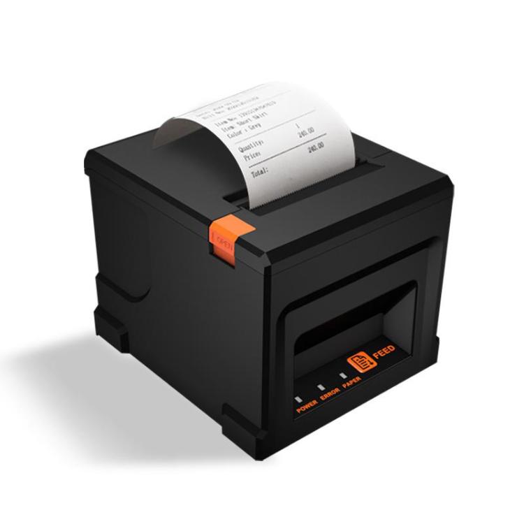 Black 80mm thermal receipt printer with open paper roll and auto-cutter slot