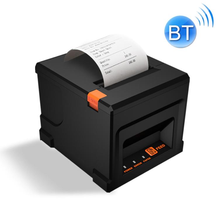 Black thermal receipt printer showing top paper roll and front access door with orange latch.