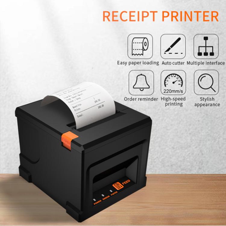 Receipt printer with paper roll and feature icons for easy loading, auto cutter, and high-speed printing.