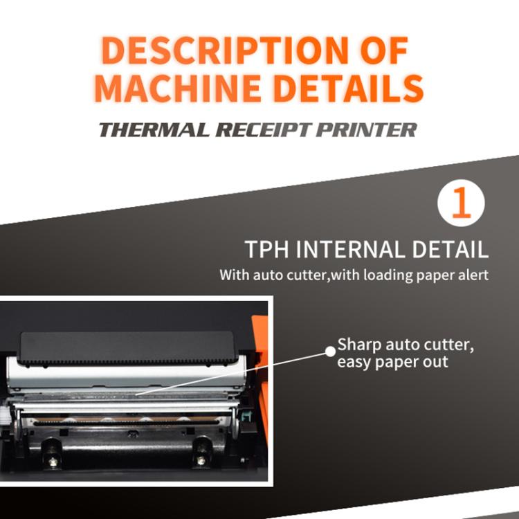Thermal receipt printer internal detail showing auto-cutter mechanism and paper loading area.