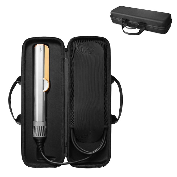 Black padded storage bag with mesh pocket and carrying handle straps for hair straightener