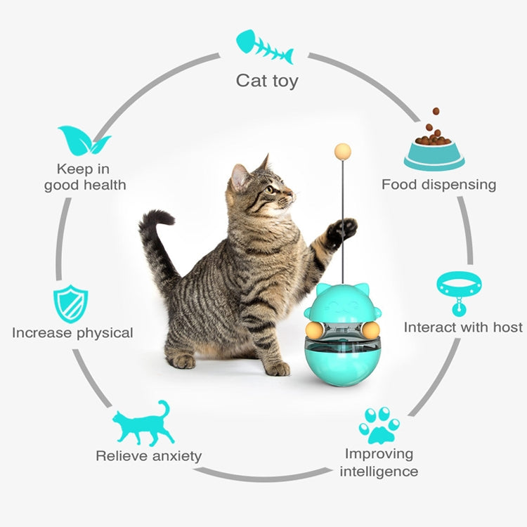 Turquoise cat treat tumbler with dangling cord and clear base, shown as an interactive toy