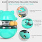 Turquoise cat treat tumbler with open lid, adjustable dial, and two yellow balls inside