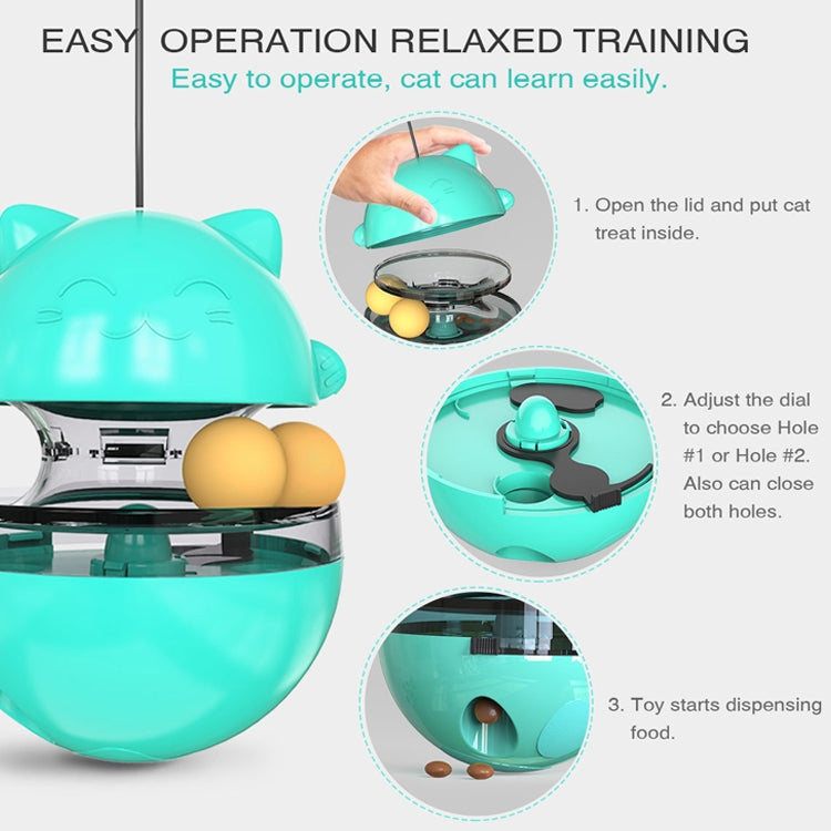 Turquoise cat treat tumbler with open lid, adjustable dial, and two yellow balls inside