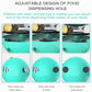 Turquoise cat treat tumbler with adjustable food-dispensing holes over the clear base
