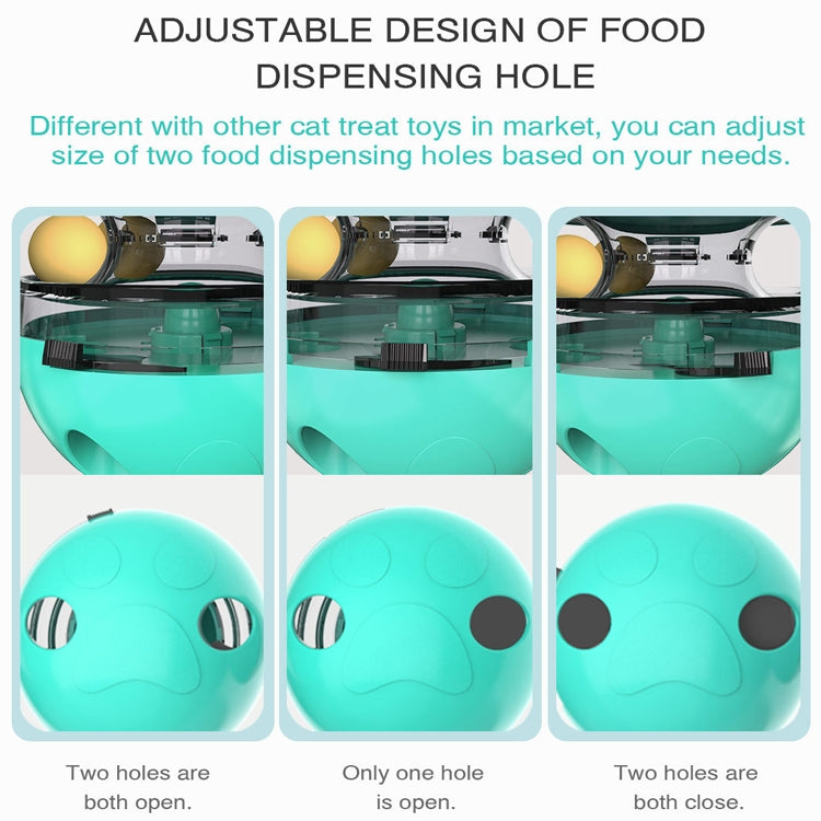 Turquoise cat treat tumbler with adjustable food-dispensing holes over the clear base