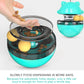 Turquoise cat treat tumbler with open lid, hand adding treats, and yellow balls inside