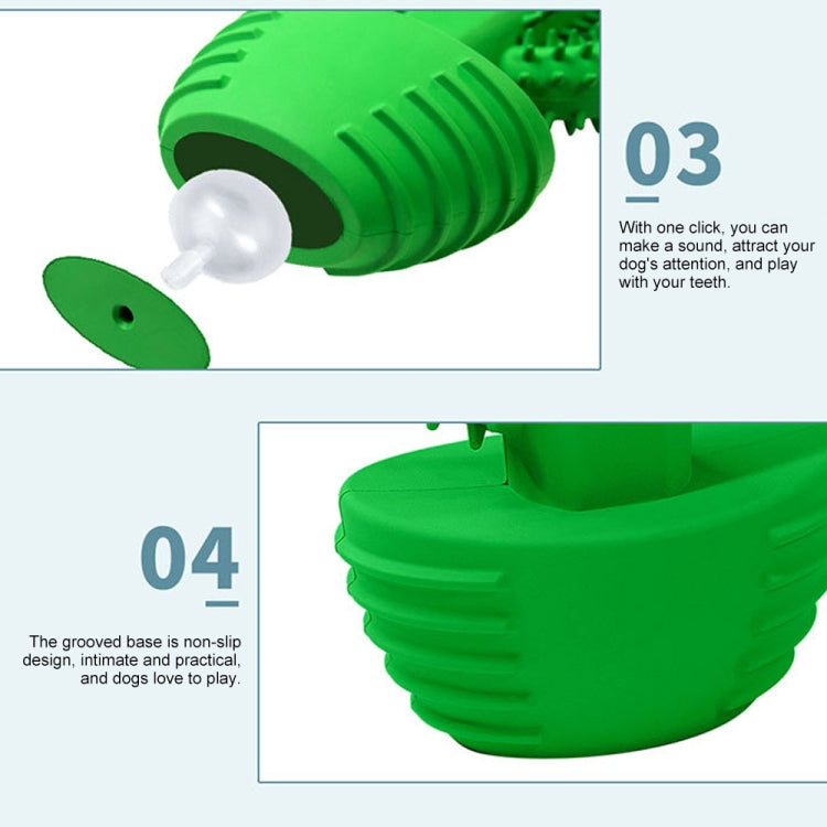 Green dog dental toy with white click button and grooved non-slip base