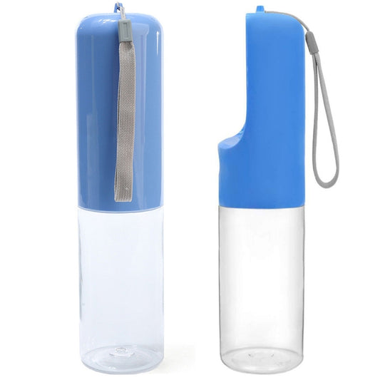 Blue portable dog water bottle with cup and wrist strap, side angles
