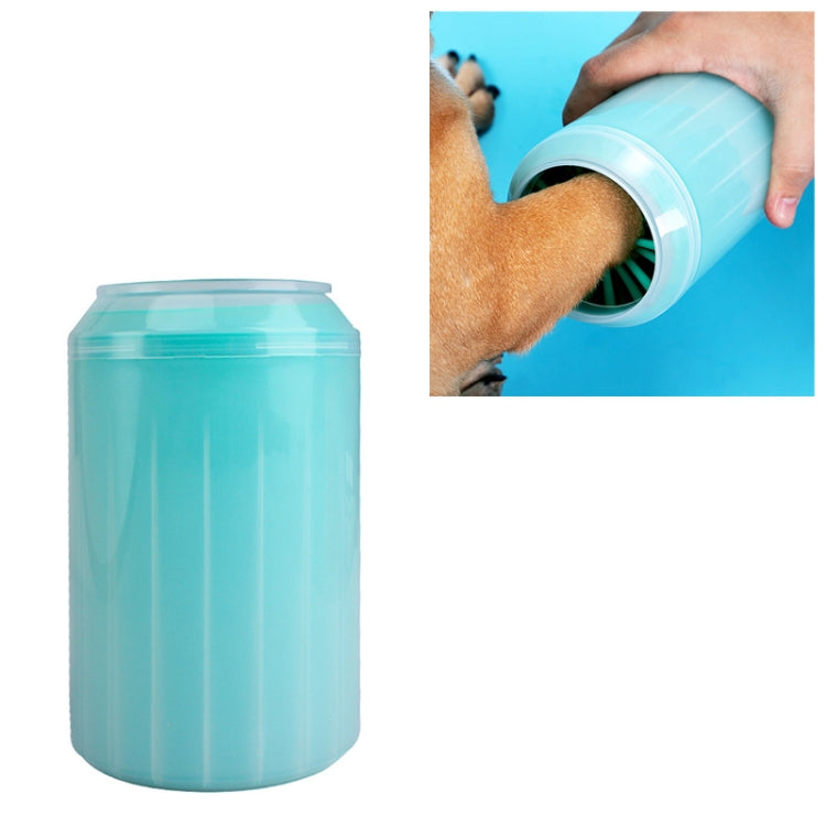 Blue translucent pet washing cup with inset showing hand using it on a pet.