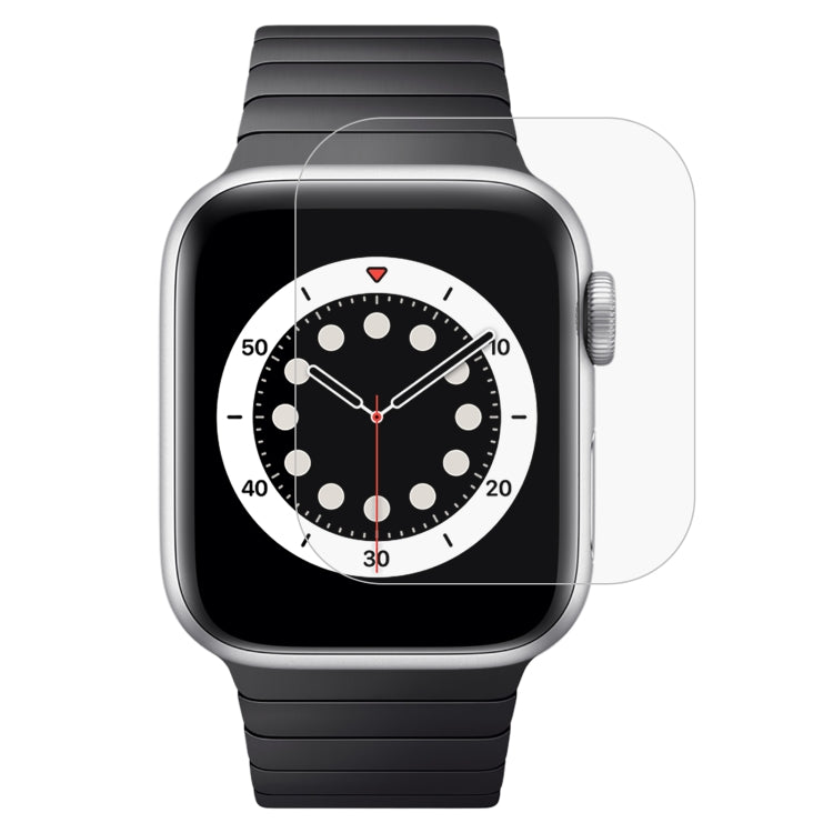 Tempered glass screen protector film on black Apple Watch with sport band