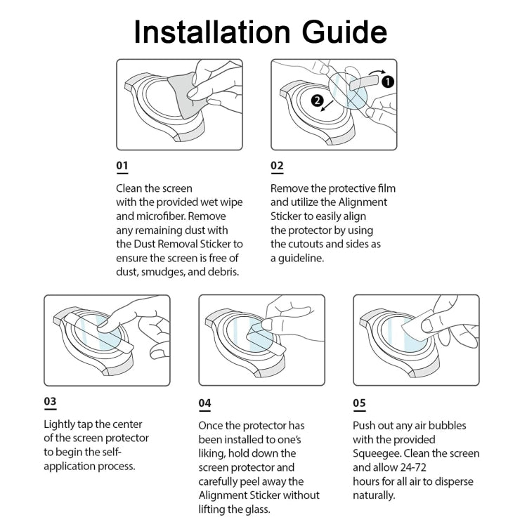 Installation guide steps for applying a tempered glass protector to a smartwatch screen