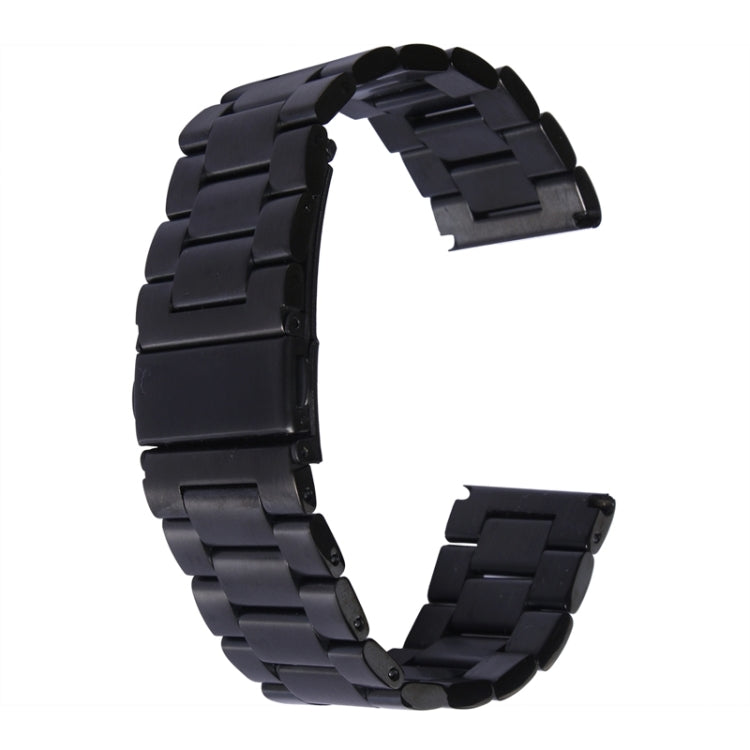 Black metal link watch band with classic buckle, curved bracelet links