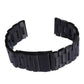 Black metal link watch band with classic buckle, clasp and adjustment holes visible