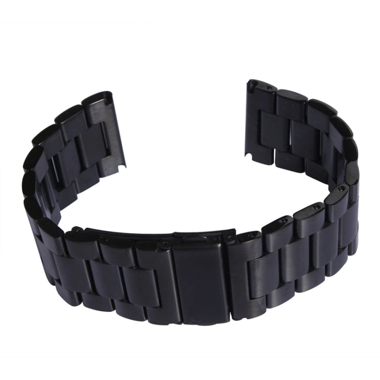 Black metal link watch band with classic buckle, clasp and adjustment holes visible