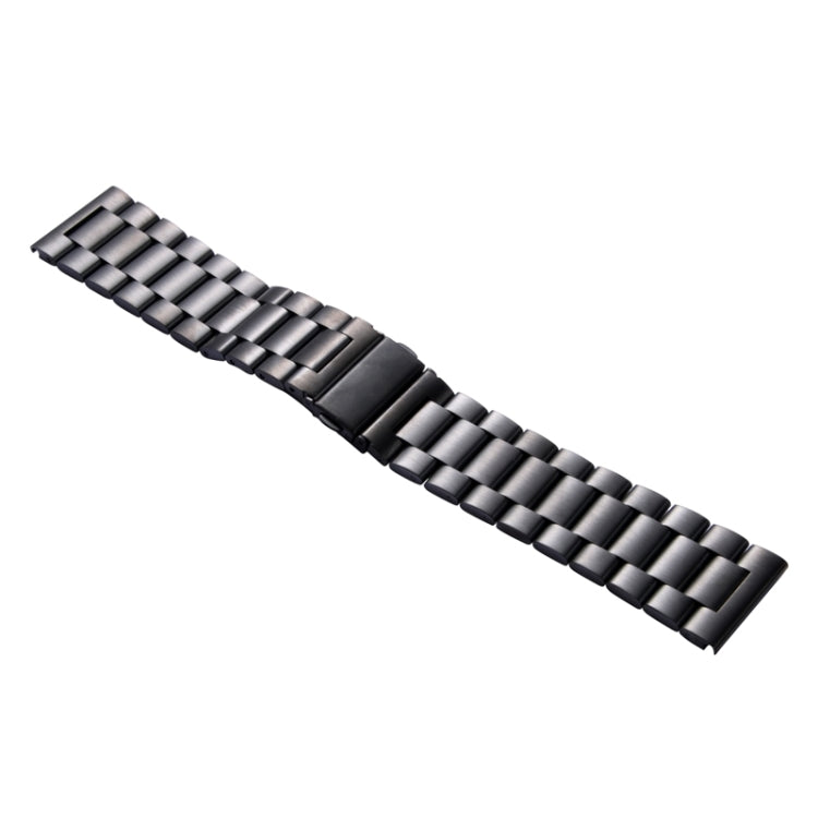 Two-tone metal watch band with alternating black and silver links, classic buckle