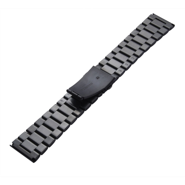 Black metal watch band with classic buckle, striped links and matte clasp