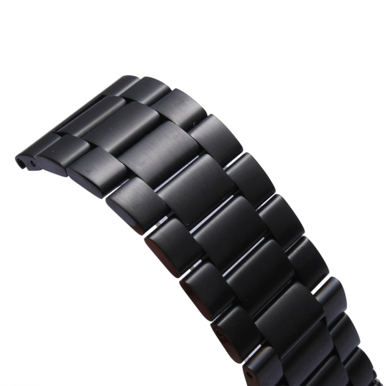 Black metal watch band with classic buckle, wide links with brushed center