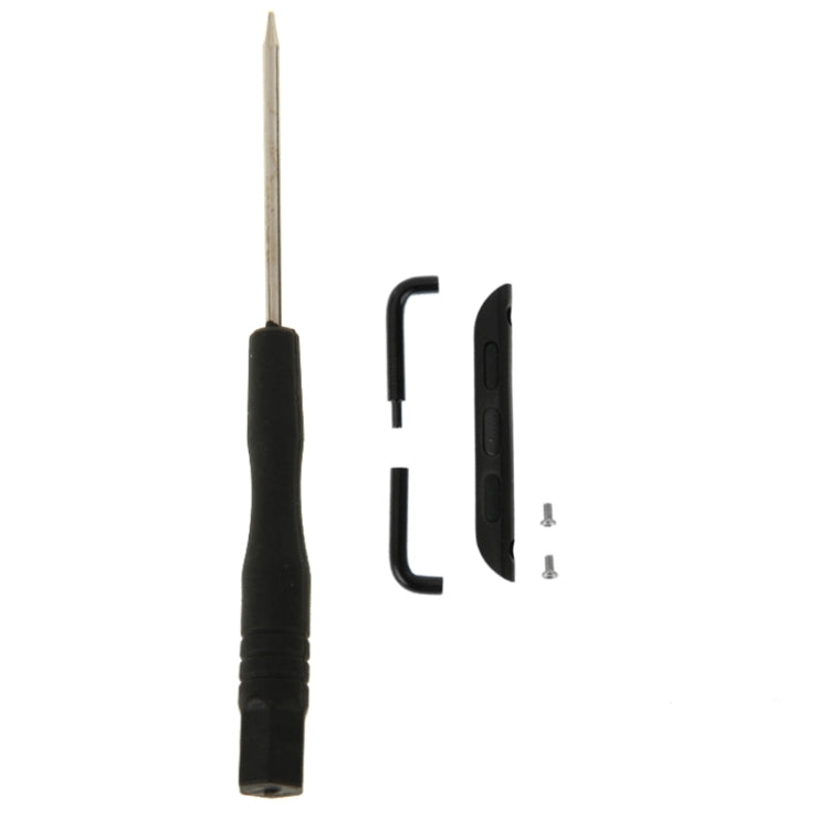 Black metal strap connector set with screwdriver and small hardware