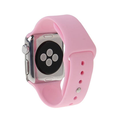 Pink rubber Apple Watch band with pin-and-tuck closure, watch case visible