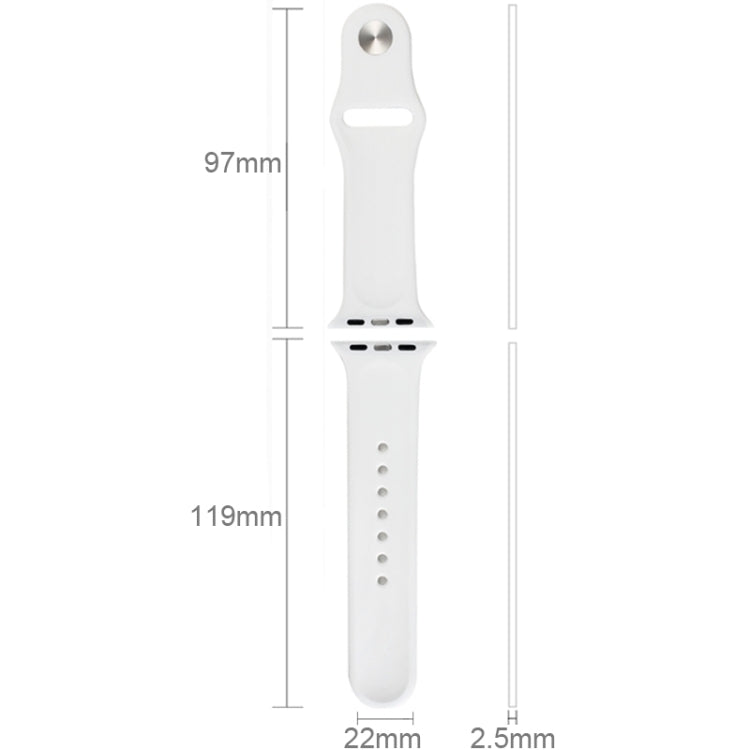White rubber watch band with pin-and-tuck buckle and length/width measurement labels