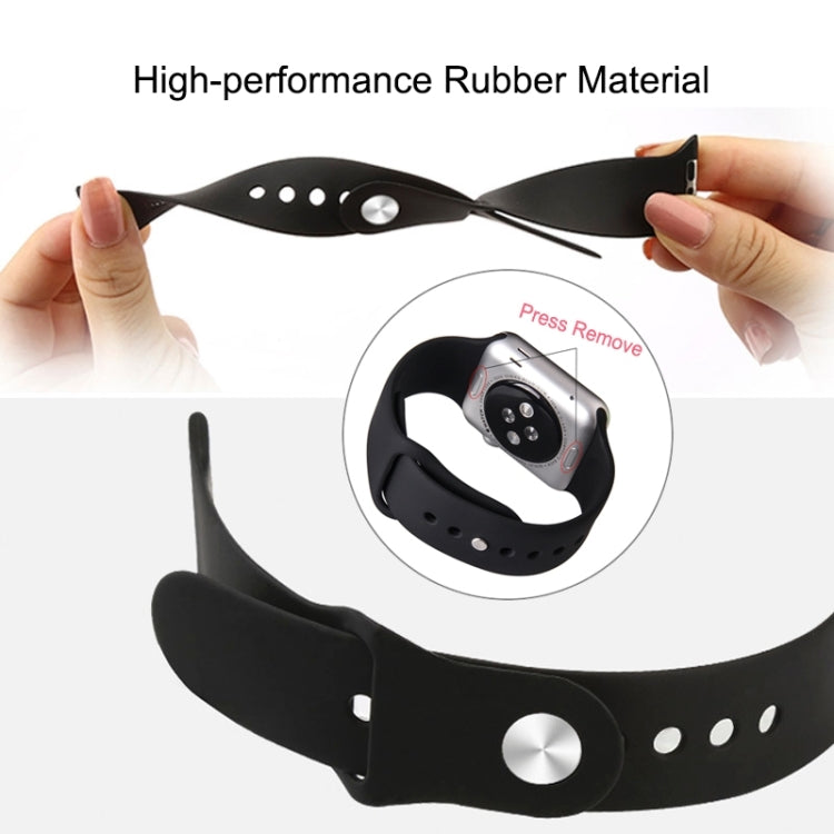 Black rubber Apple Watch band with pin-and-tuck closure, 42mm band shown with case installed