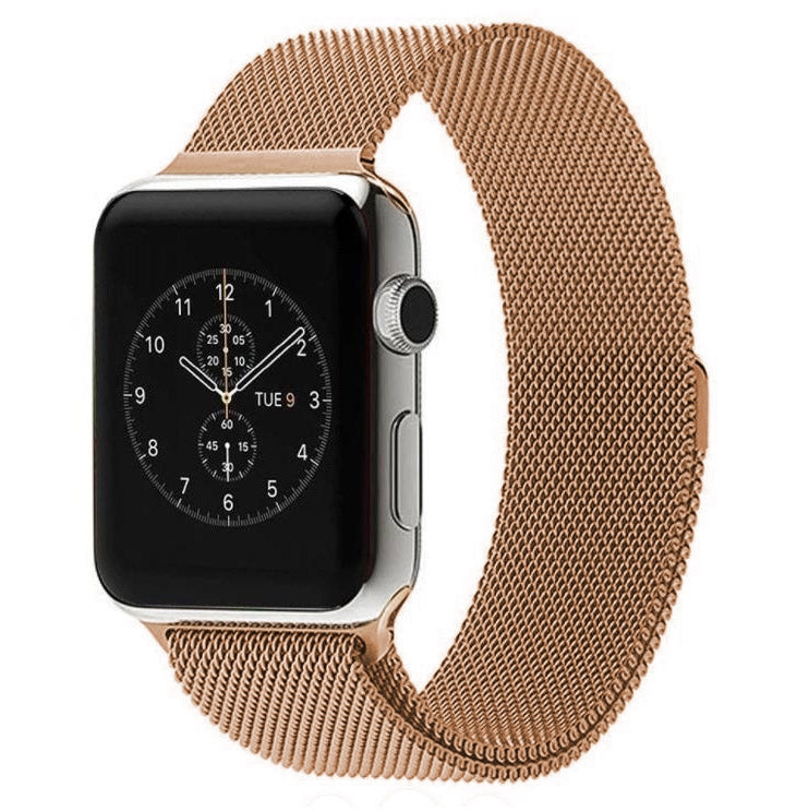 Rose gold milanese loop Apple Watch band with magnetic clasp on black watch