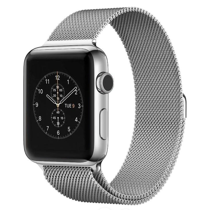 Silver milanese loop Apple Watch band with magnetic clasp on black watch face