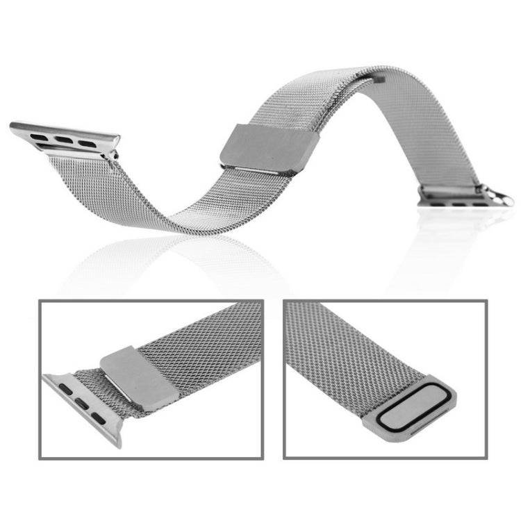 Silver milanese loop watch band with magnetic clasp and connector, flat view