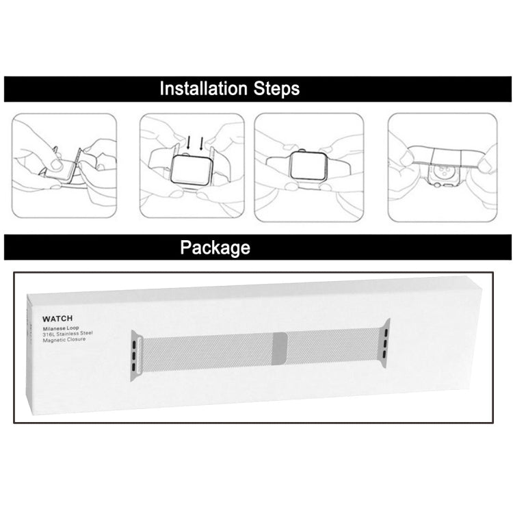 Milanese loop watch band retail package showing metal strap and clasp