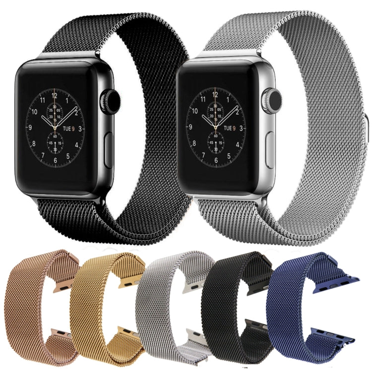 Magnetic stainless steel milanese loop watch band, shown with dark and silver bands