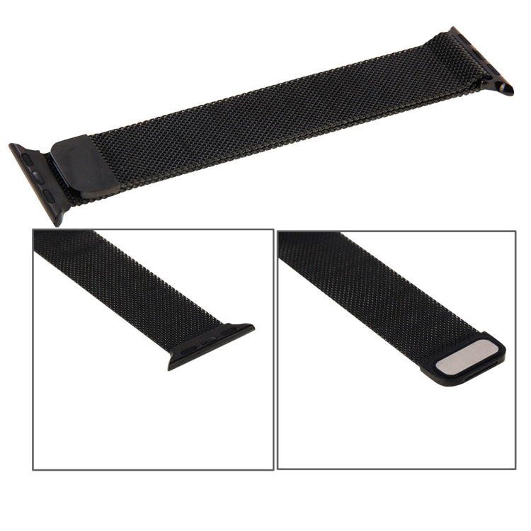 Black Milanese loop magnetic watch band with adjustable end strap detail