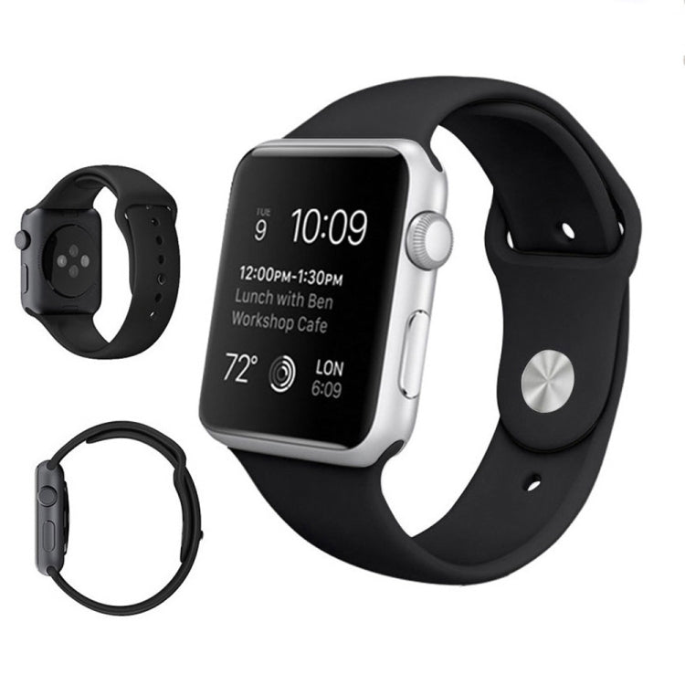 Black rubber Apple Watch band with metal pin buckle and perforated strap holes