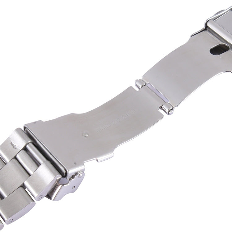 Close-up of stainless steel watch band clasp with fastening pin and hole detail