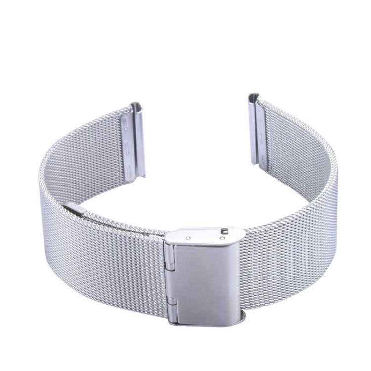 Silver Milanese mesh watch band with fold-over clasp, adjustable links for 42mm