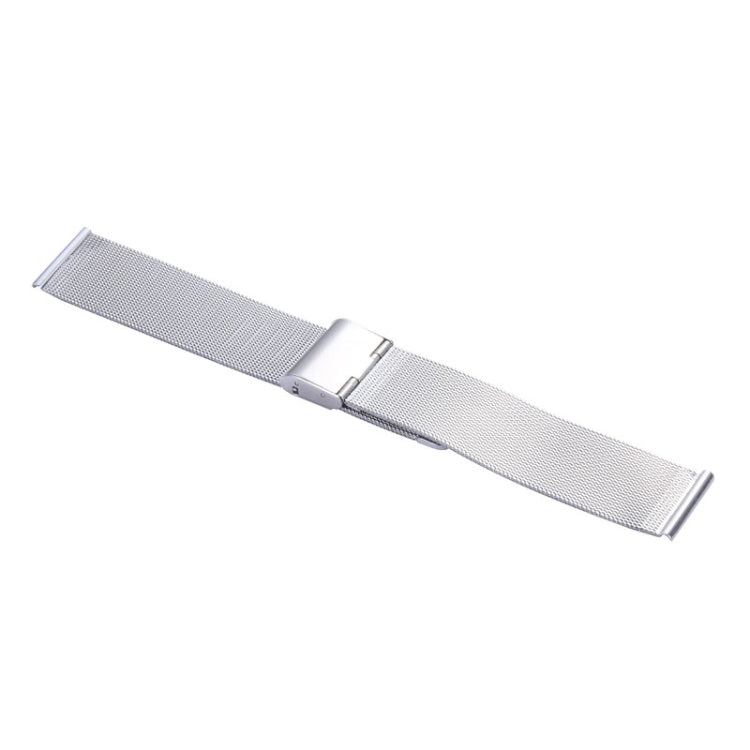 Silver Milanese mesh watch strap with fold-over clasp, side view