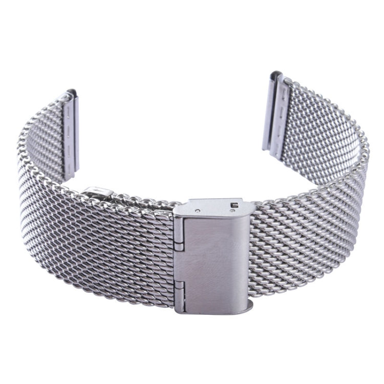 Stainless steel Milanese watch band with centered folding clasp, silver mesh