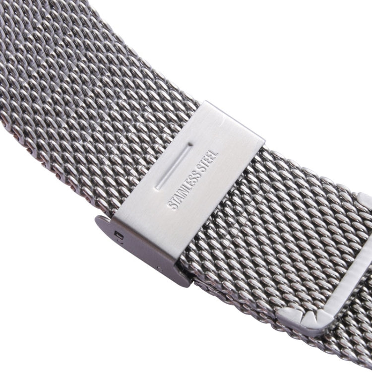 Stainless steel Milanese watch band clasp with engraved “STAINLESS” plate