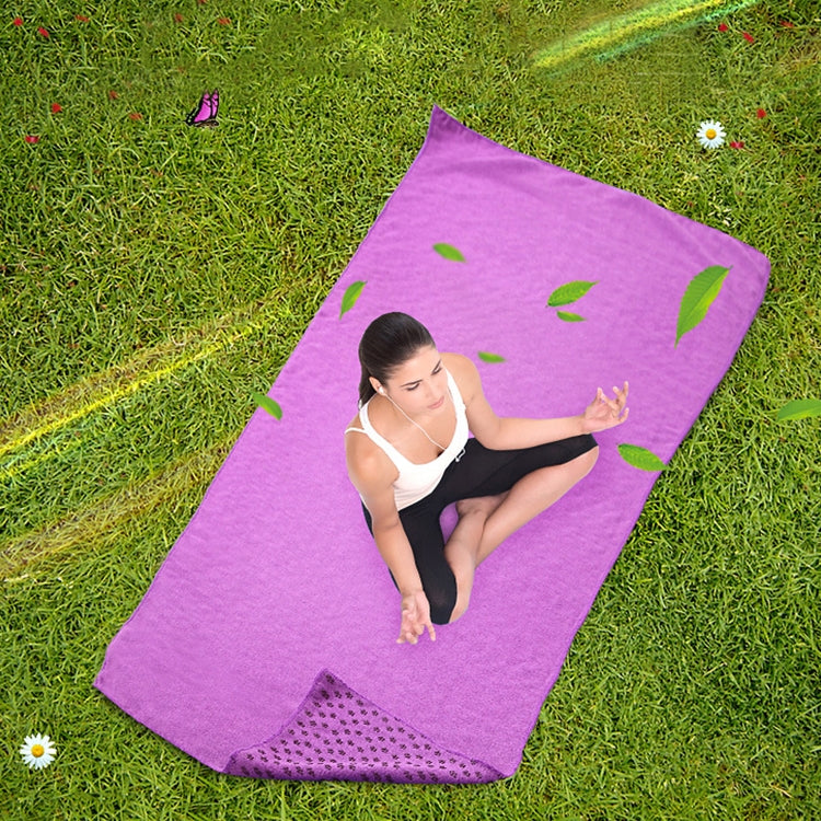 Purple patterned microfiber yoga blanket laid flat, leaf print design visible