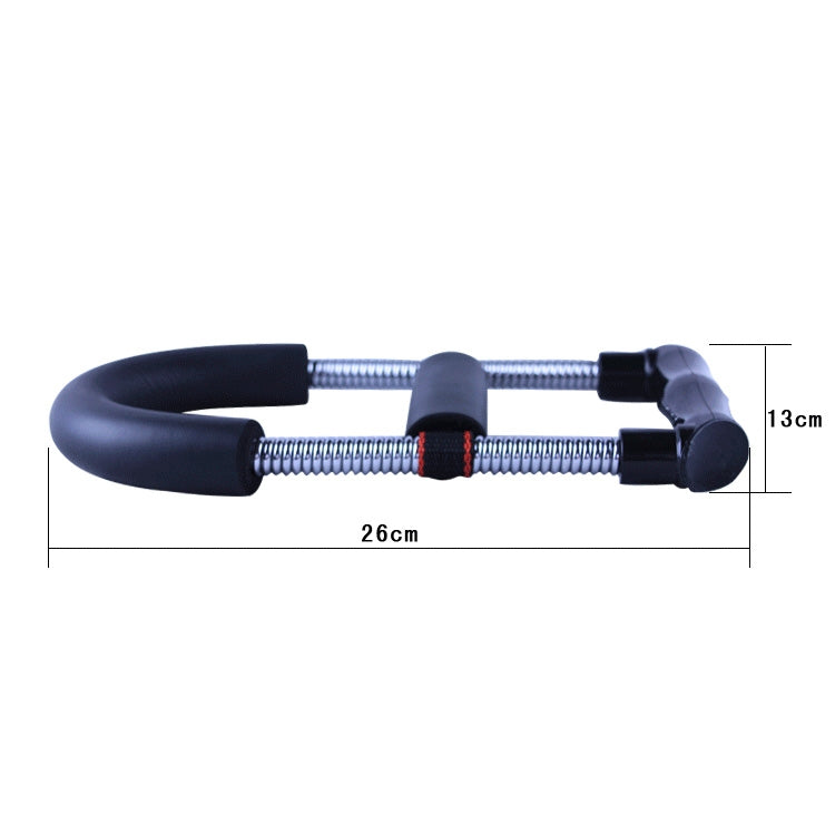 Wrist strength trainer with black foam grips, chrome dual springs, and black end caps