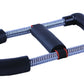 Wrist strength exerciser close-up with chrome springs, black foam grips, and red band wrap