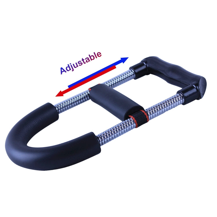 Adjustable wrist strength exerciser with black foam handles, chrome springs, and middle strap