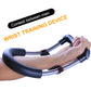 Wrist strength exerciser in use: black foam handles with chrome springs and red detail