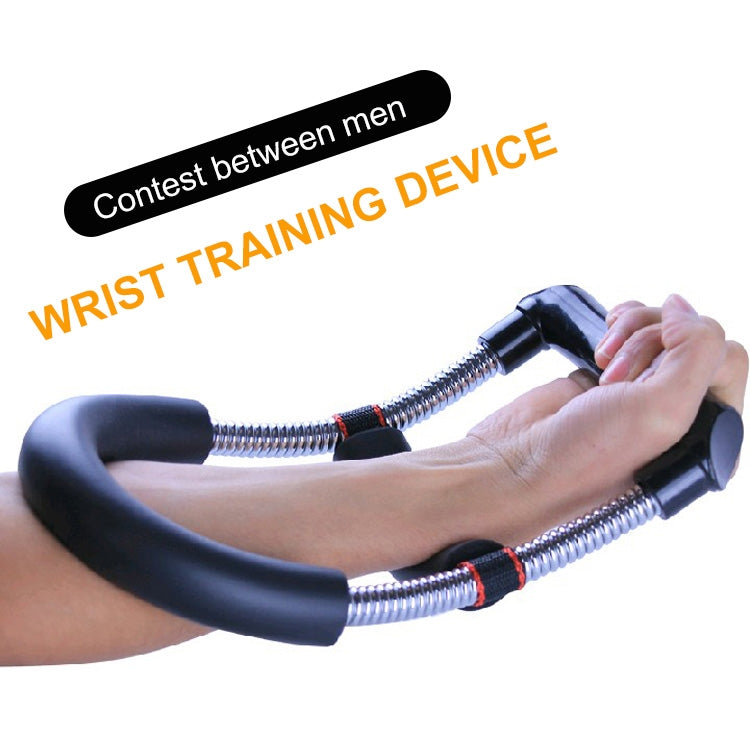 Wrist strength exerciser in use: black foam handles with chrome springs and red detail