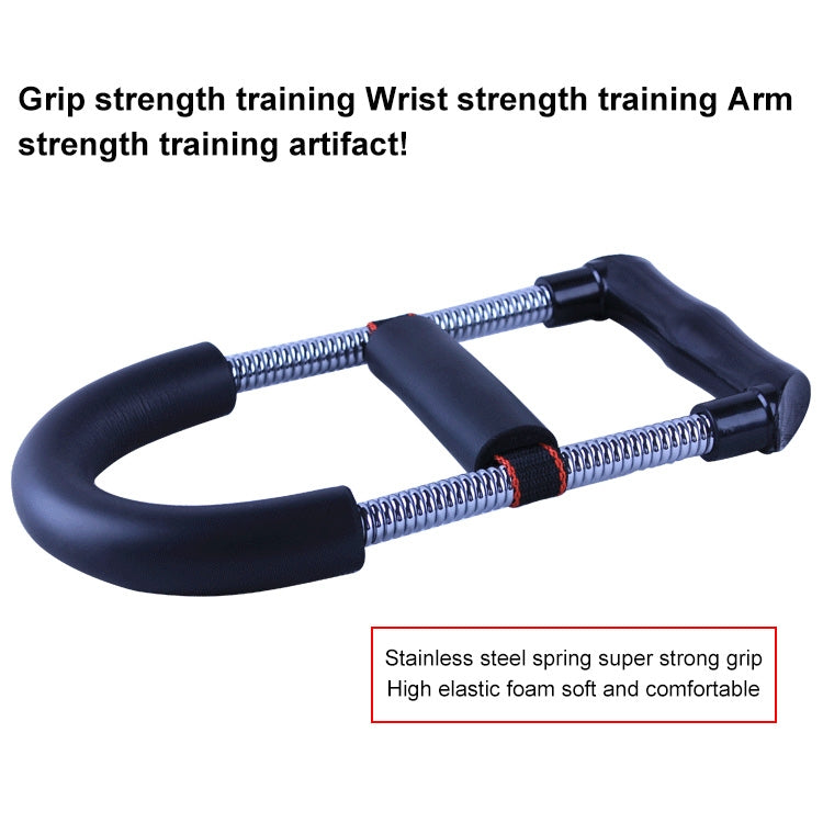 Wrist strength trainer with black foam grips, chrome dual springs, and red fabric band