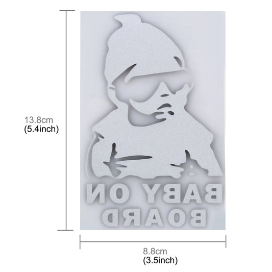 Size diagram of black vinyl sticker: baby silhouette with “BABY ON BOARD” text
