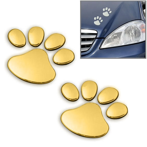 Gold 3D paw print car stickers, four small prints and one large paw on cover