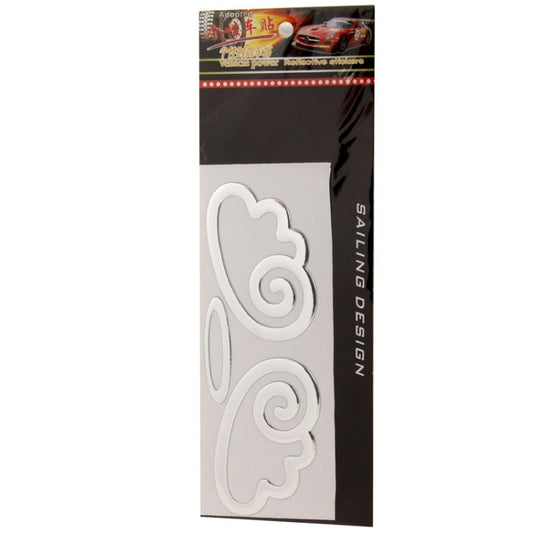 3D car sticker with silver angel-wing motif pieces, including circular swirl details